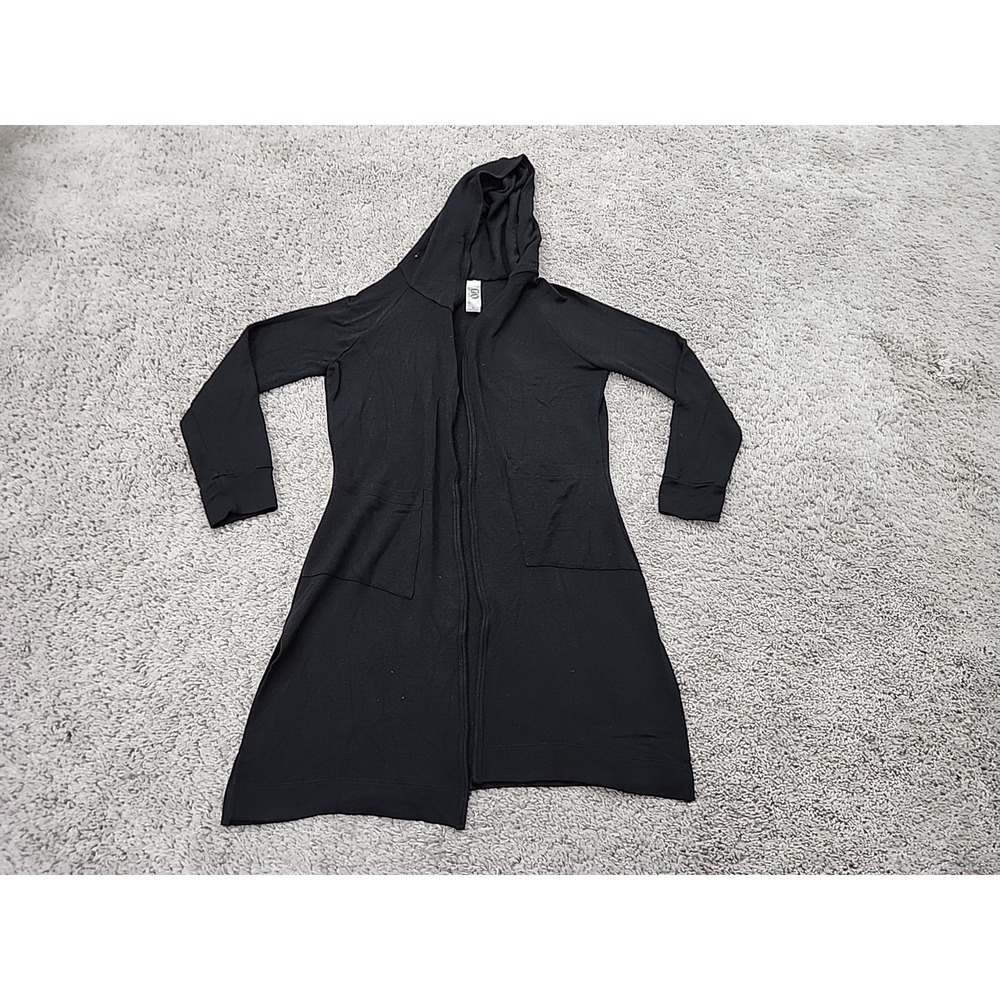 GO Couture Cardigan Women S Black Longline Hooded Open Front Pockets USA